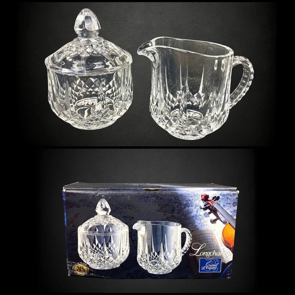 Cristal d'Arques Longchamp Crystal Creamer Sugar Set Boxed 1970s Vintage